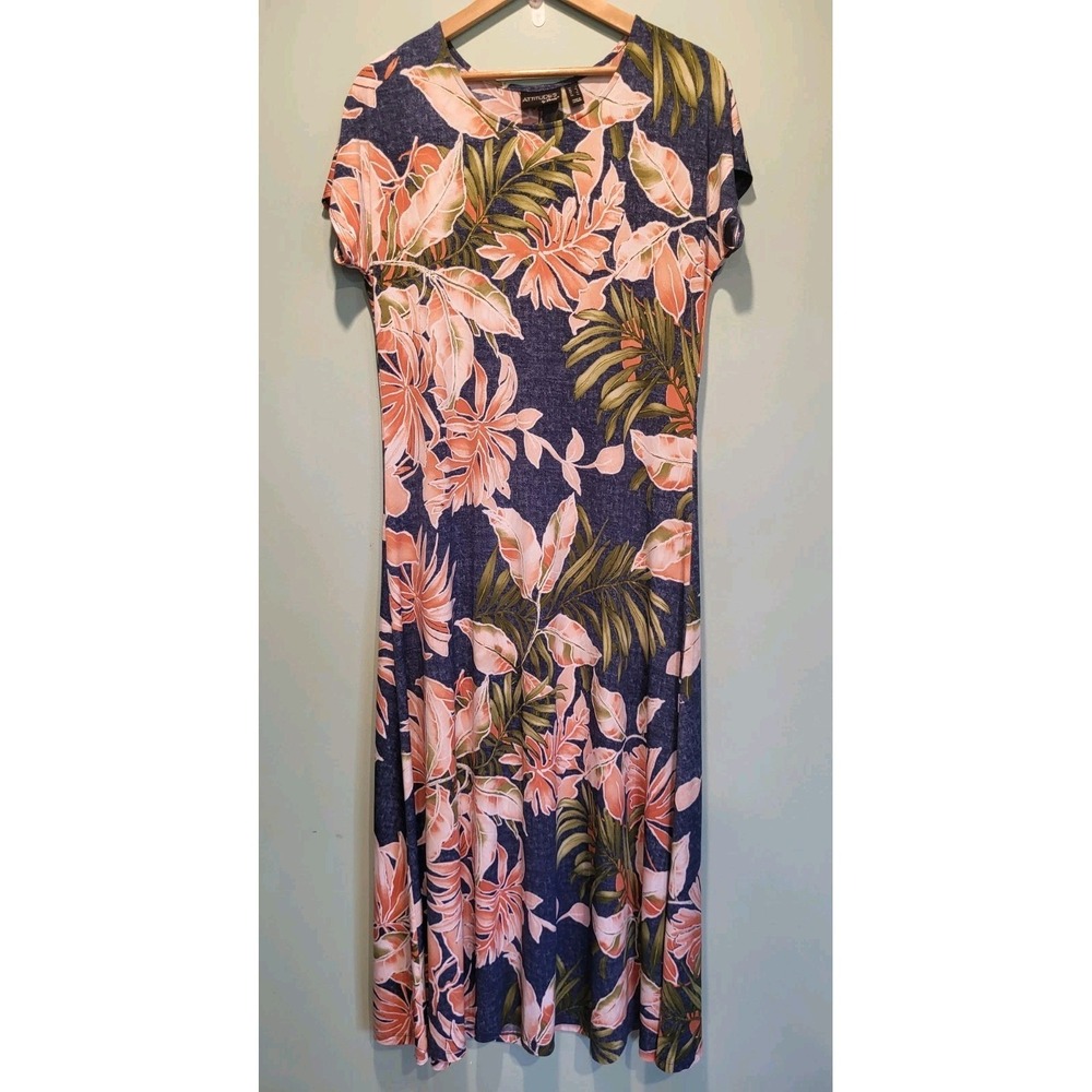 Blue Pink Tropical Floral Stretchy Vacation Maxi Dress Attitudes Sz L